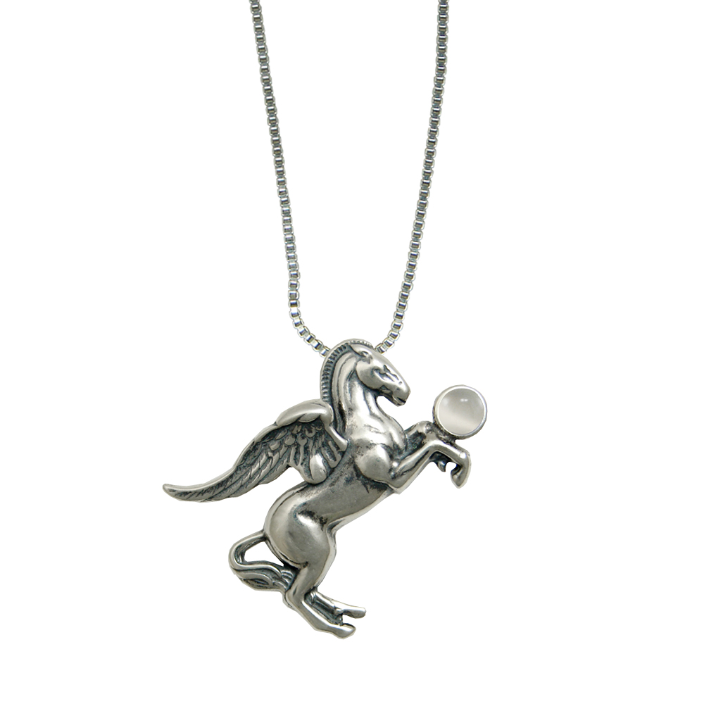 Sterling Silver Greek Winged Horse Pegasus Pendant With White Moonstone